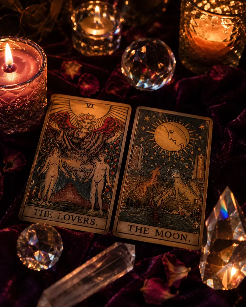 Cartas de tarot sobre terciopelo con cristales y velas