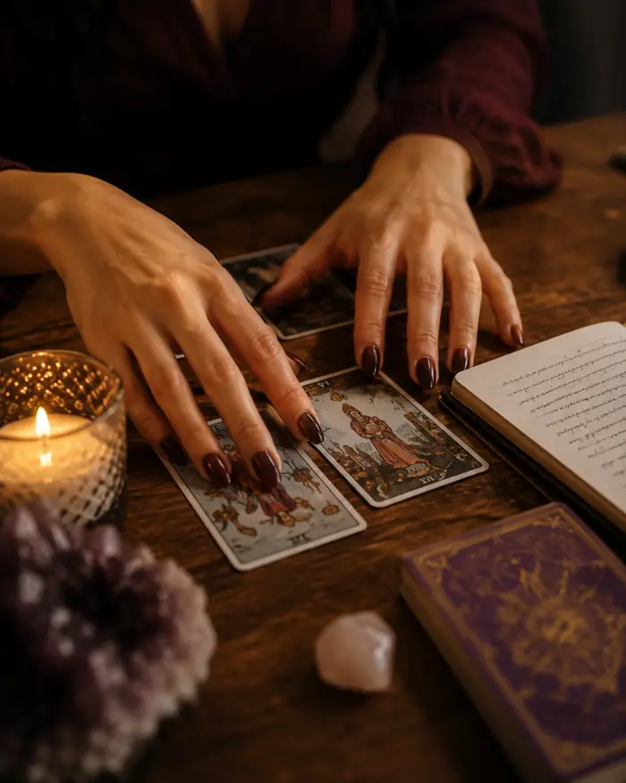 Detalle de las manos de Valeria sobre las cartas de tarot