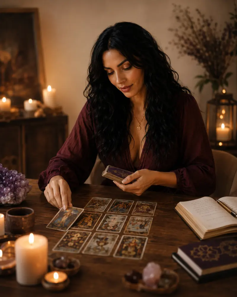 Valeria leyendo cartas de tarot con velas y cristales